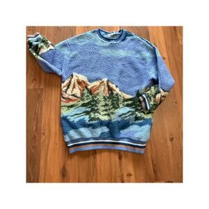 Out From Under Sherpa Pullover Sweater Blue Landscape Mountain